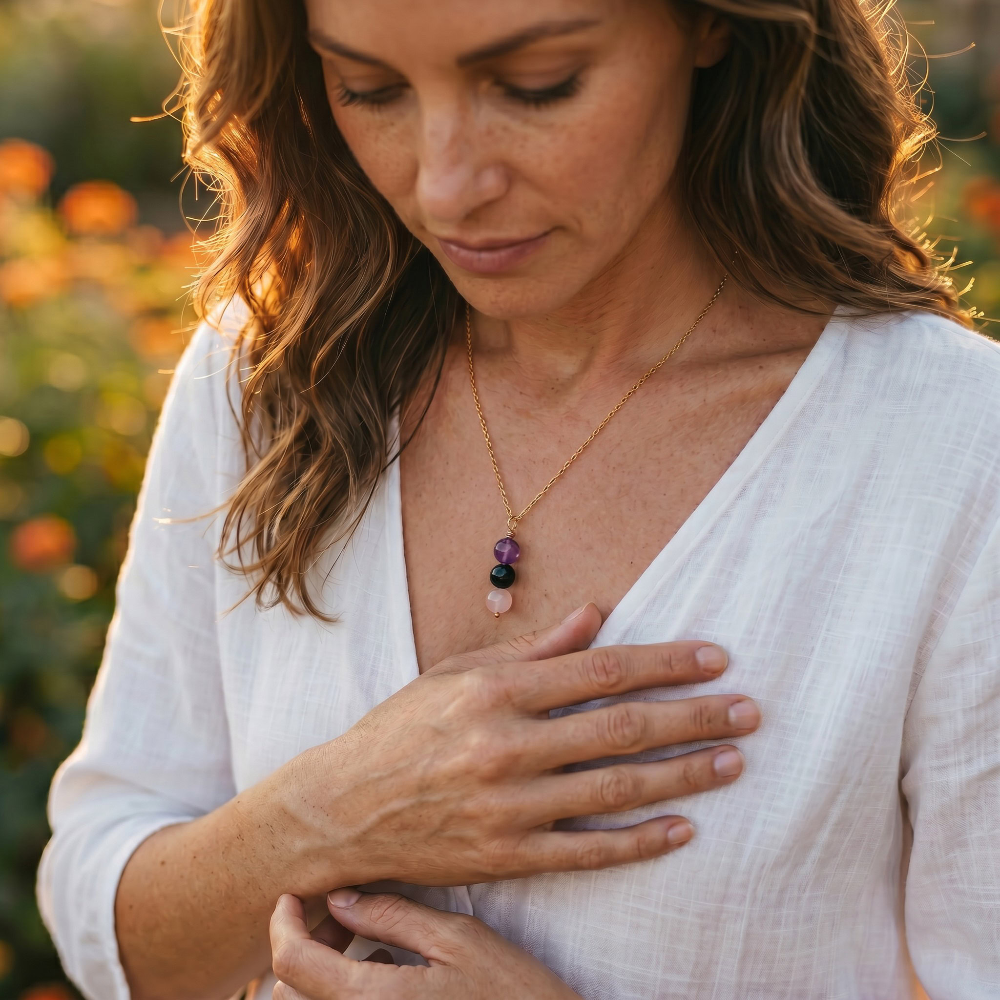 Woman wearing the Empath Protector Necklace