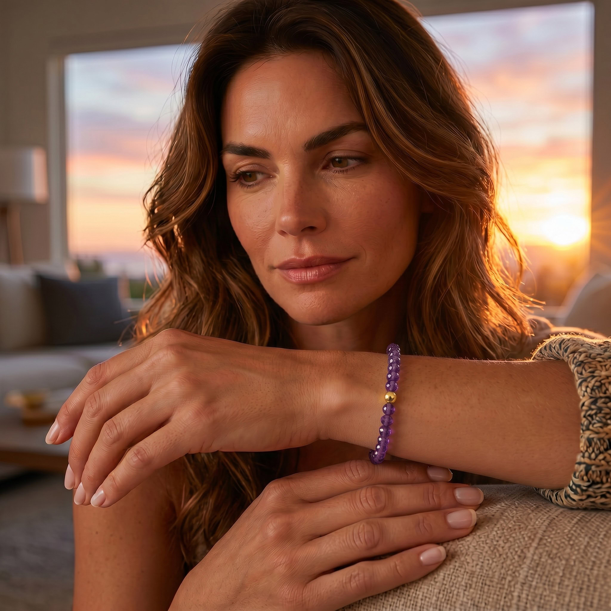 Woman wearing the Amethyst Aura Bracelet